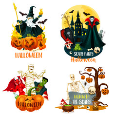 Wall Mural - Halloween characters, scary monsters and villains