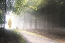 Jesus Christ Walking After His Resurrection. Figure In Sun Lights. Sunning Shine In Forest.