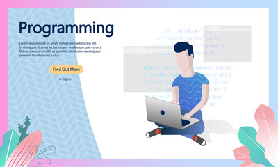 Wall Mural - man (programmer, freelance, designer) sitting on the floor, looking at his laptop. can use for web b