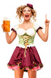 Oktoberfest / Creative concept photo of Oktoberfest waitress wearing a traditional Bavarian costume with beer isolated on white background.