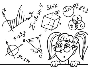 cute cartoon girl and math and geometry formulas and problems on chalkboard. education vector illust