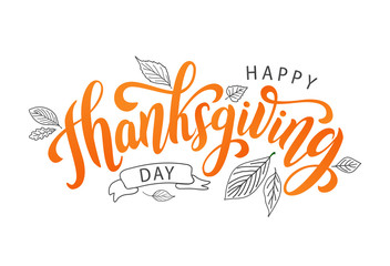 Wall Mural - Happy thanksgiving day with autumn leaves. Hand drawn text lettering. Vector illustration. Script. Calligraphic design for print greetings card, shirt, banner, poster. Colorful fall