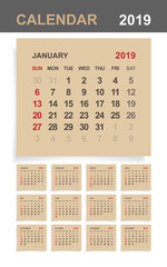 Wall Mural - Calendar 2019 - Set of monthly calendar on brown paper and white wood background. Vector.