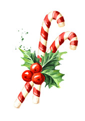 Christmas candy cane with  Holly berry. Watercolor hand drawn illustration, isolated on white background