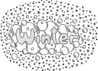 Wall Mural - Coloring page for adults with mandala and Winter word. Doodle lettering ink outline artwork. Vector illustration