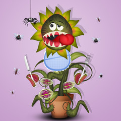 Poster - carnivorous plant with cutlery and bib