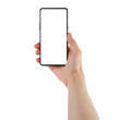 © GCapture - Young man hand holding bezel-less smartphone white screen isolated on white background
