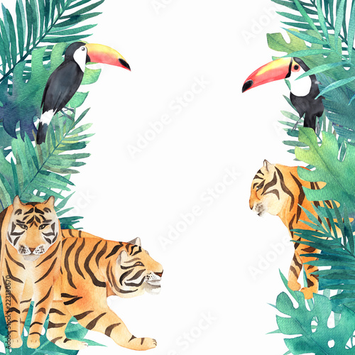 Watercolor frame with tropical jungle leaves, tiger and toucan.Hand drawn sum...