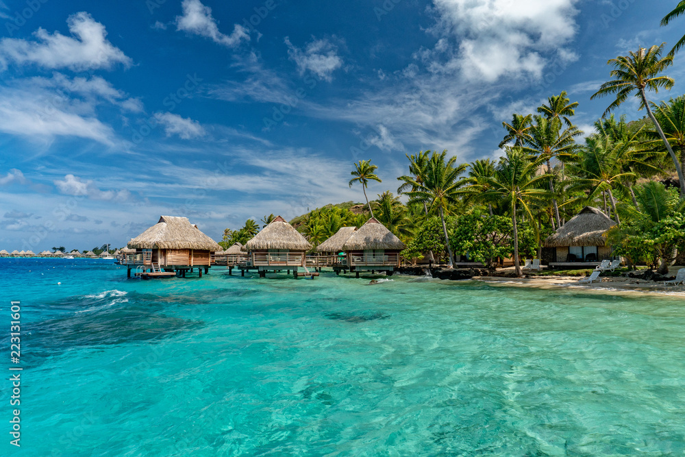 bora bora french polynesia aerial airplane view luxury resort overwater - obrazy, fototapety, plakaty 