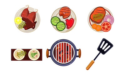 Poster - Meat and fish dishes cooked on the grill, tasty healthy food, top view vector Illustration on a white background