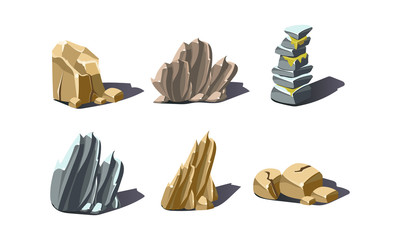 Wall Mural - Stones of various shapes set, rocks and boulders vector Illustration on a white background