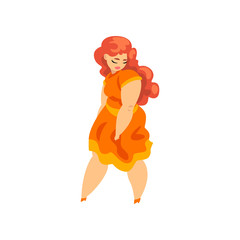 Poster - Plump, curvy, overweight girl in orange dress, plus size model in fashionable clothes, body positive vector Illustration on a white background