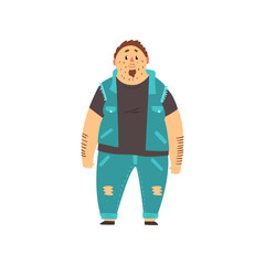 Wall Mural - Handsome overweight man dressed jeans and denim vest, fat guy in fashionable clothes, body positive vector Illustration on a white background