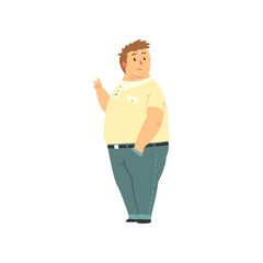 Wall Mural - Handsome overweight man dressed jeans and shirt, fat guy in casual clothes, body positive vector Illustration on a white background