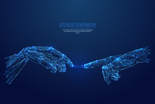Robot Arm And Hand Human. Touch Technological Concept. Low Poly Blue. Polygonal Abstract Health Illustration. Low Poly Vector Illustration Of A Starry Sky Or Cosmos. Vector Image In RGB Color Mode.