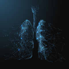 Leinwandbilder - Destructive lungs with broken contour. Low poly blue. Polygonal abstract health illustration. In the form of a starry sky or space. Vector image in RGB Color mode.