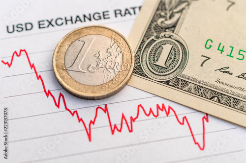 Euro Us Dollar Exchange Rate 1 Coin And Bill Euro Us Dollar Exchange Rate 1 Coin And Bill Placed On A Red Graph Showing Decrease In Currency