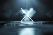 © Brilliant Eye - 3d rendering of blue lighten X alphabet shape in front of grunge wall background and floor with puddles