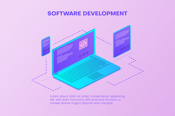 Software development. Landing page template with devices.