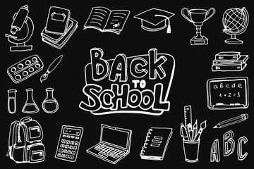 Wall Mural - Back to school icon set. Doodle elements. Lettering and school supplies sketch collection. Vector illustration.