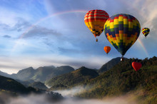 Hot Air Balloons With Landscape Mountain.