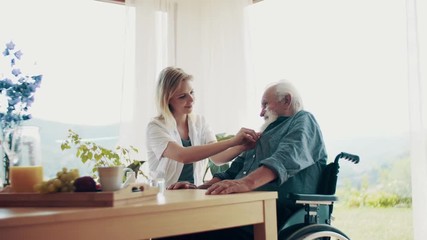 Wall Mural - Young female health visitor examining a senior man in wheelchair at home.