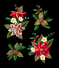 Set Of Christmas Flowers Bouquets With Golden Elements. Vector.