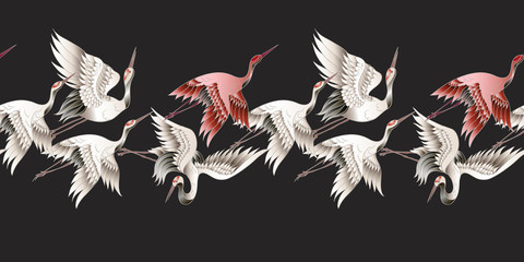 Naklejka na meble Seamless border with Japanese white crane in batik style. Vector illustration.