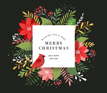 Merry Christmas Greeting Card In Elegant, Modern And Classic Style With Leaves, Flowers And Bird