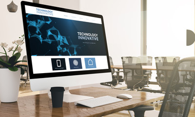computer with technology innovative screen on modern business office mockup