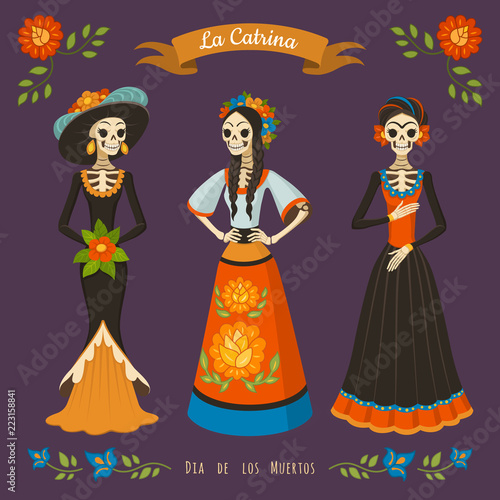 Dia de los muertos. Vector illustration of Mexican cartoon Catrinas in ...