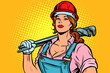 © studiostoks - Pop art woman plumber mechanic with wrench