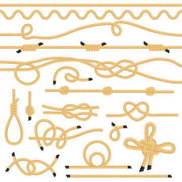 Realistic Detailed 3d Rope Knots Borders Set. Vector