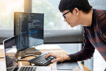 Pensive programmer working on on desktop pc programming code technologies or website design at office Software Development Company