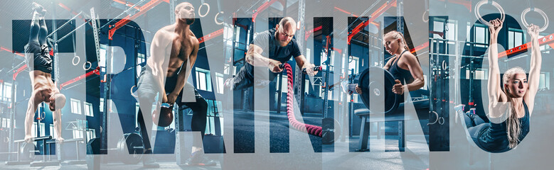 Collage about men with battle rope and woman in the fitness gym. The gym, sport, rope, training, athlete, workout, exercises concept. letters over the collage.