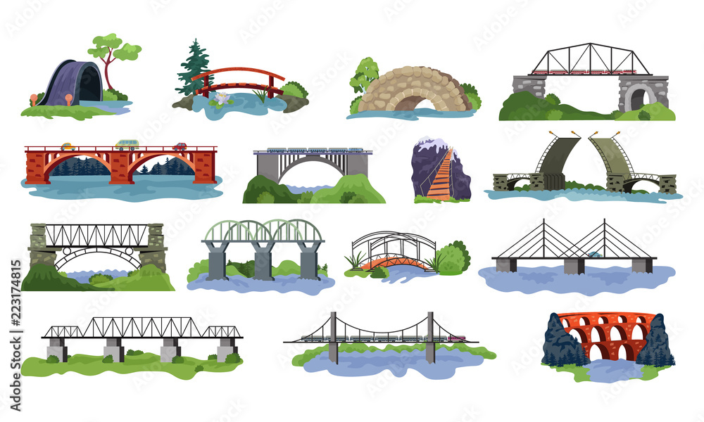 Bridge vector bridged urban crossover architecture and bridge-construction for transportation illustration set of river bridge-building with carriageway isolated on white background - obrazy, fototapety, plakaty 