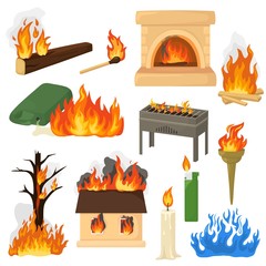 Wall Mural - Fire flame vector fired flaming bonfire in fireplace and flammable campfire illustration fiery set of flamy torchlight or lighting flambeau isolated on white background