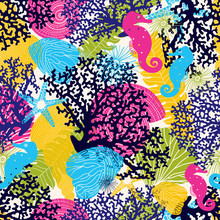 Cute Seamless Pattern With Algae, Corals And Seashells.