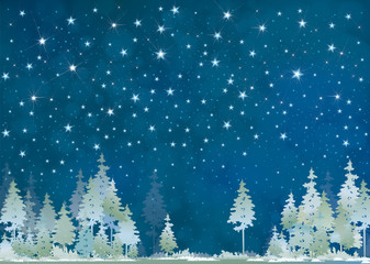Wall Mural - vector winter night starry sky and forest background.