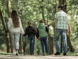 © ASDF - rear view. family with two children walking hand in hand in the Park.