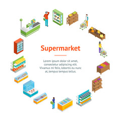 Poster - Supermarket or Shop Banner Card Circle Isometric View. Vector