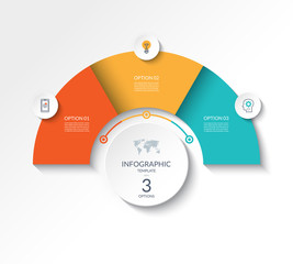 Business infographic semicircle template with 3 options. Can be used as a chart, workflow layout, diagram, data visualization, minimalistic web banner.