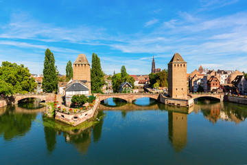 bridges Pont Couverts over the river Ill in Strasbourg, France