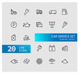 Poster - Car service icons. Set of line icons. Parking, gas station, engine. Auto repair concept. Vector illustration can be used for topics like service, transportation