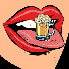 Wall Mural - beer mug foam female tongue mouth