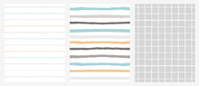 Set Of 3 Hand Drawn Irregular Geometric Patterns. Horizontal Blue, Grey And Orange Stripes On A White Background. White Grid On A Grey Background. Infantile Style Design.