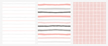 Set Of 3 Hand Drawn Irregular Geometric Patterns. Horizontal Gray And Pink Stripes On A White Background. White Grid On A Pink Background. Infantile Style Design.