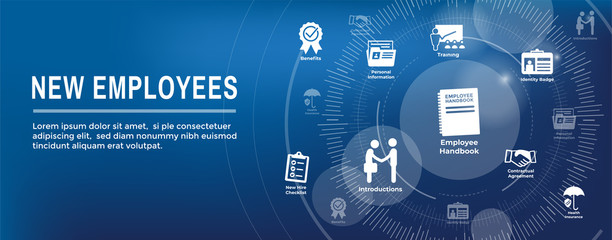 Wall Mural - New Employee Hiring Process icon set  with handbook, checklist, etc