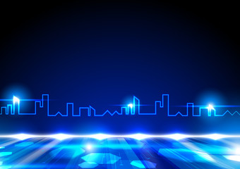 Wall Mural - Blue line in shape of city with shining lights and fluorescent ground, future technology concept