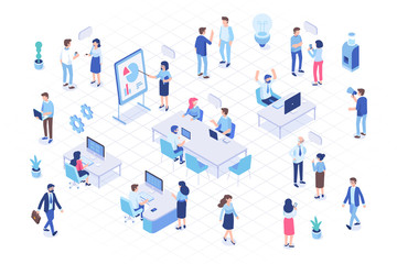 Wall Mural - Isometric people vector set. Office life. Isometric office workspace with people working together. Flat illustration. 